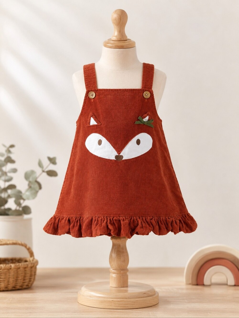 Baby Fox Corduroy Jumper Dress 2T | Rustic Fall Cottagecore Ruffle Hem Overall
